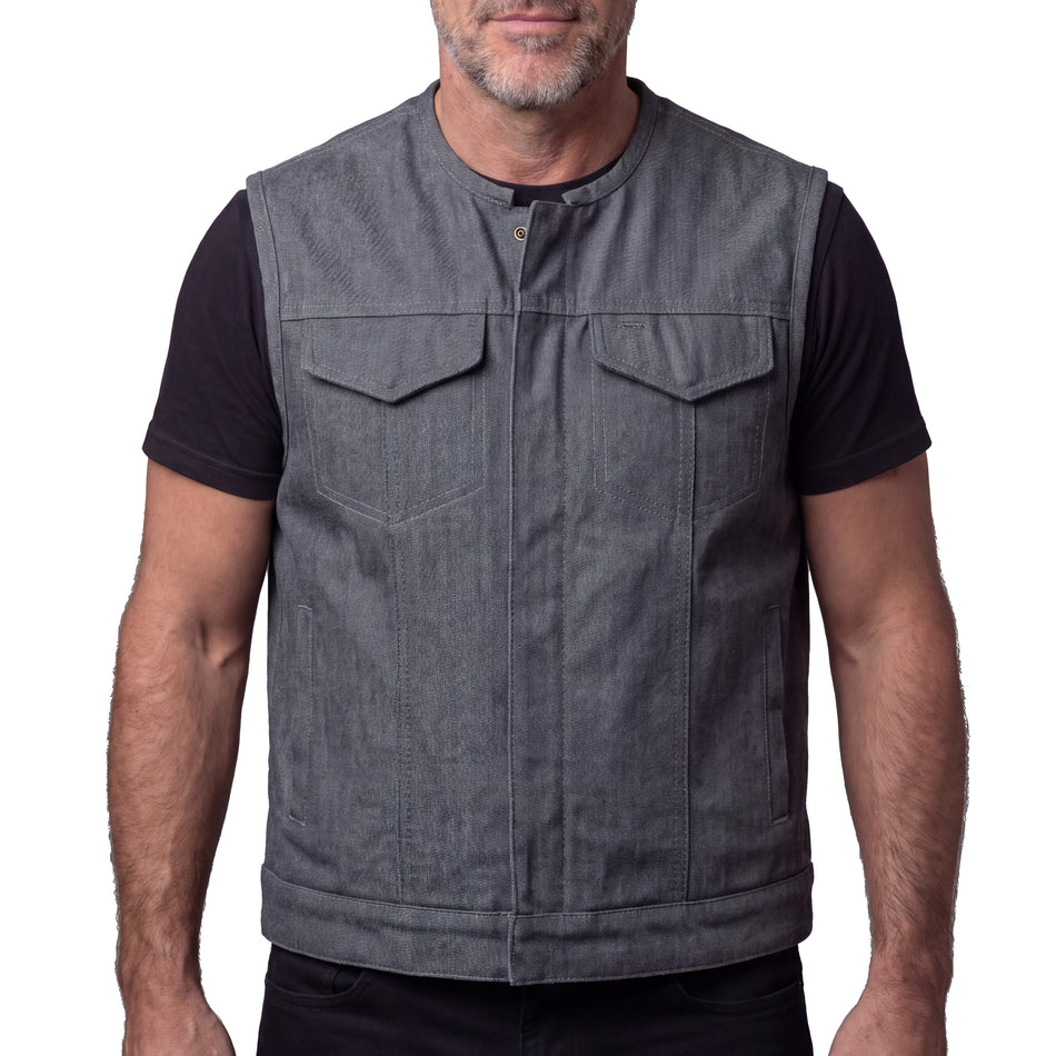 VB919G - Men's Grey Denim Collarless Club Vest with Conceal Carry Pockets