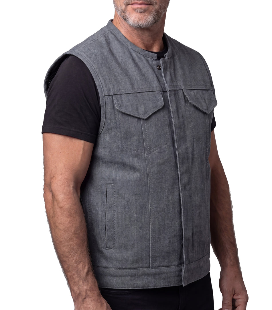 VB919G - Men's Grey Denim Collarless Club Vest with Conceal Carry Pockets
