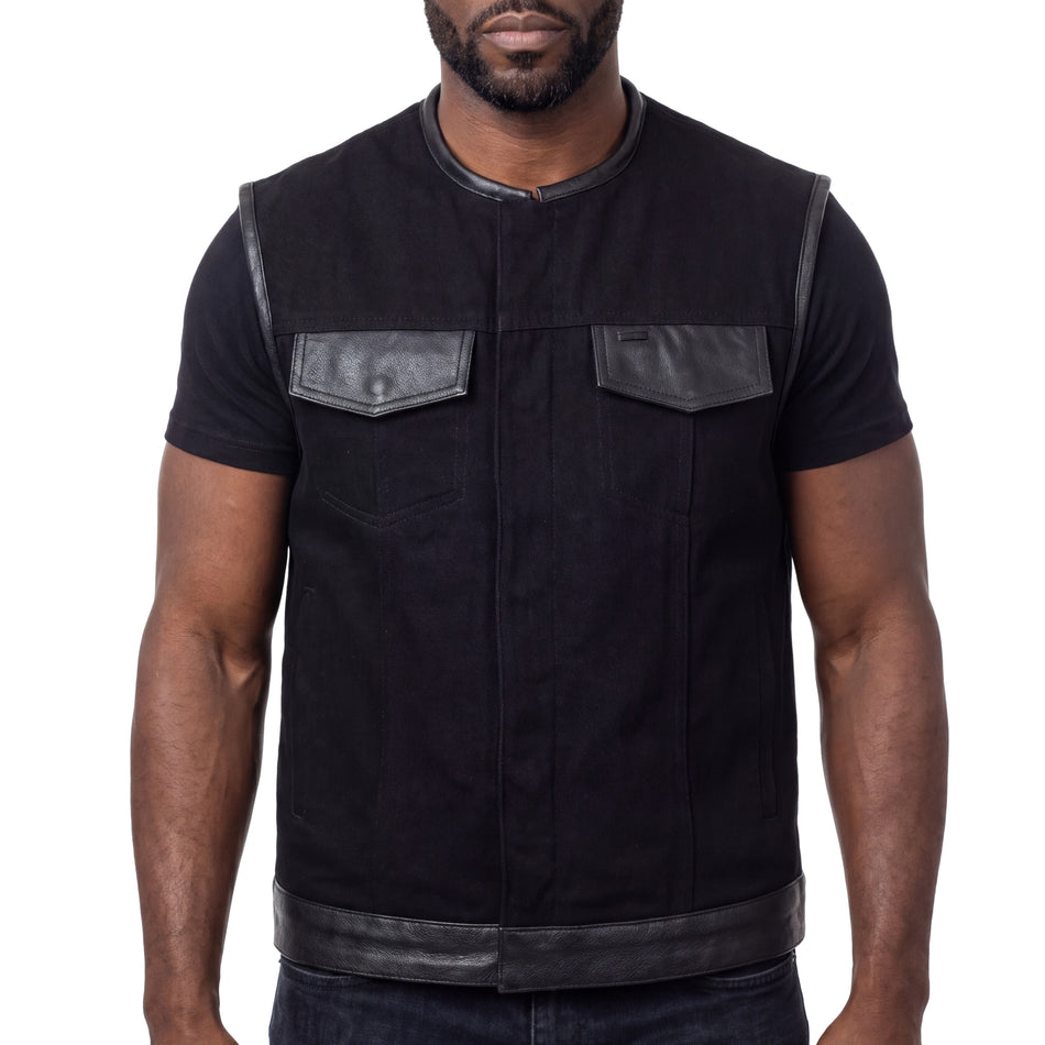 VB919L - Vance Leathers Denim Black Collarless Club Vest with Leather trims