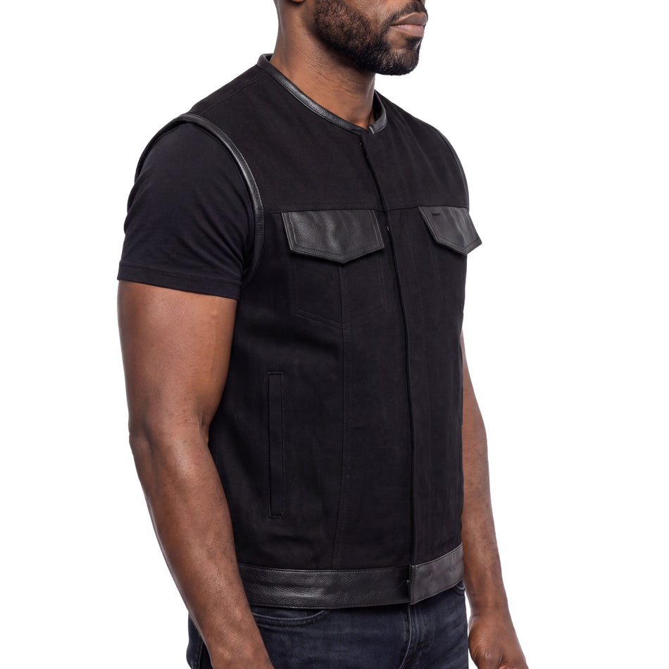 VB919L - Vance Leathers Denim Black Collarless Club Vest with Leather trims