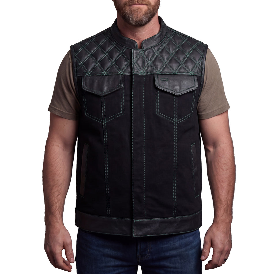 VB924GN - Men's Denim & Leather Motorcycle Vest with Conceal Carry Pockets and Green Stitching.