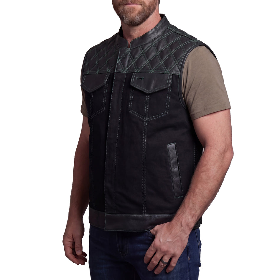VB924GN - Men's Denim & Leather Motorcycle Vest with Conceal Carry Pockets and Green Stitching.