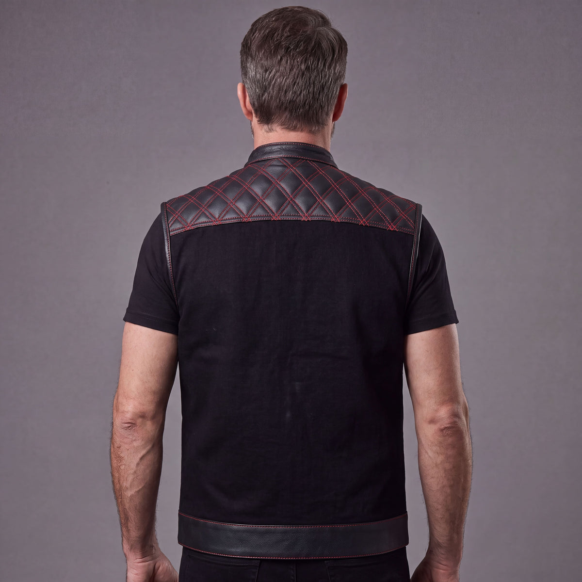 Men's Denim & Leather Motorcycle Vest with CCW Pockets and Red Stitching - Back Pose