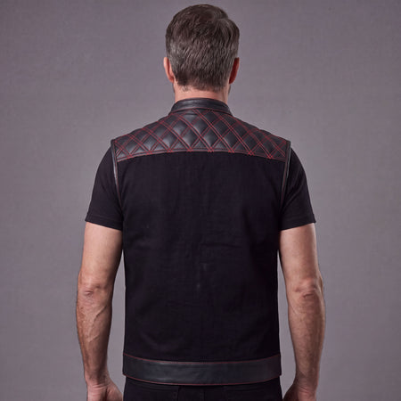 Men's Denim & Leather Motorcycle Vest with CCW Pockets and Red Stitching - Back Pose
