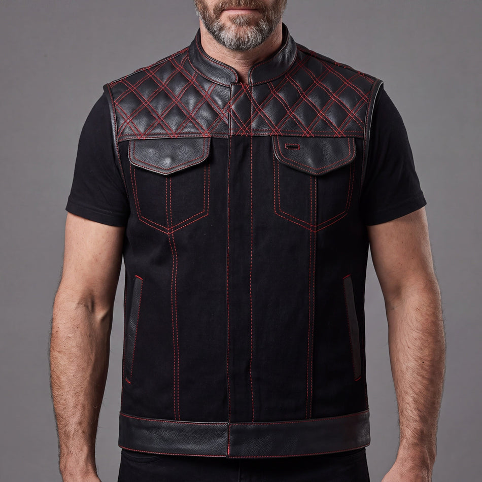 Men's Denim & Leather Motorcycle Vest with CCW Pockets and Red Stitching - Front Pose