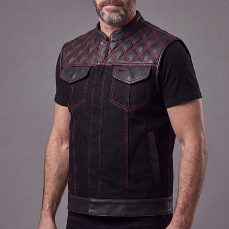 Men's Denim & Leather Motorcycle Vest with CCW Pockets and Red Stitching - Side Pose