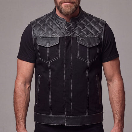 Men's Denim & Leather Motorcycle Vest with CCW Pockets and White Stitching - front pose
