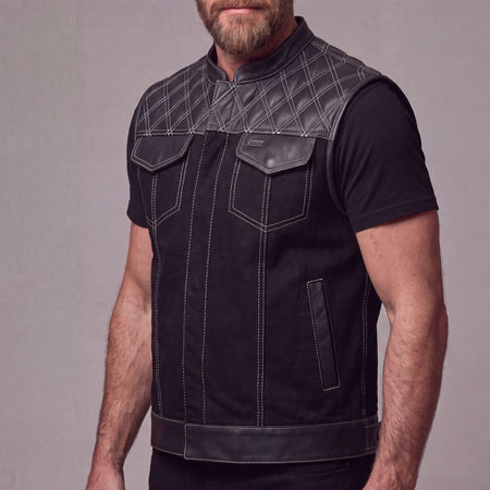 Men's Denim & Leather Motorcycle Vest with CCW Pockets and White Stitching - side pose