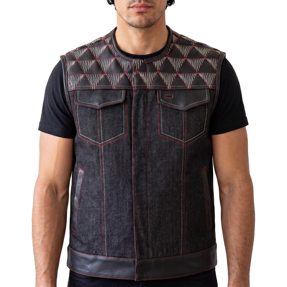 VB927RW - Men's Denim & Leather Motorcycle Vest with Conceal Carry Pockets, SOA Biker Club Vest Red & White Stitching