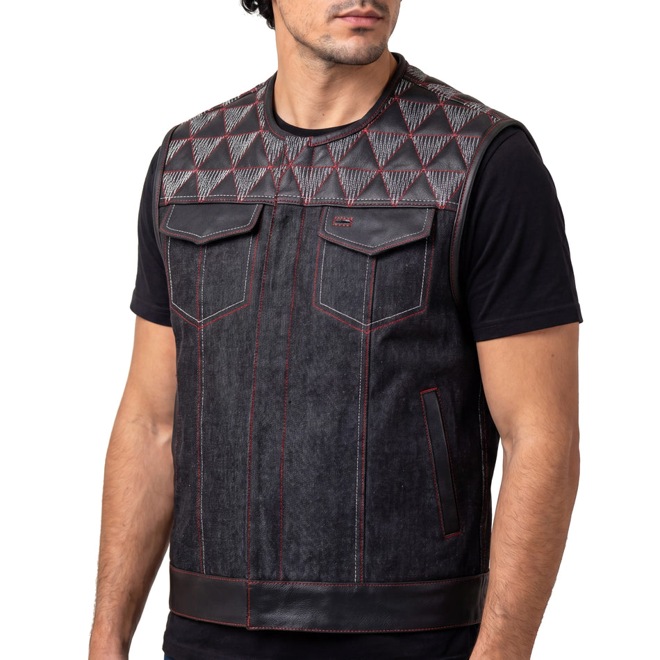 VB927RW - Men's Denim & Leather Motorcycle Vest with Conceal Carry Pockets, SOA Biker Club Vest Red & White Stitching
