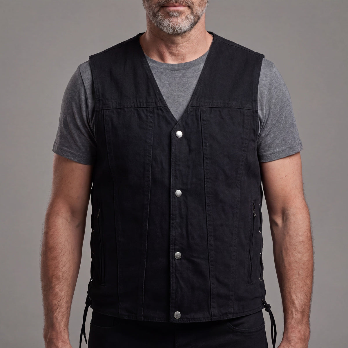 Vance Men's Black V-Neck Denim Vest for Motorcycle Riders - front pose