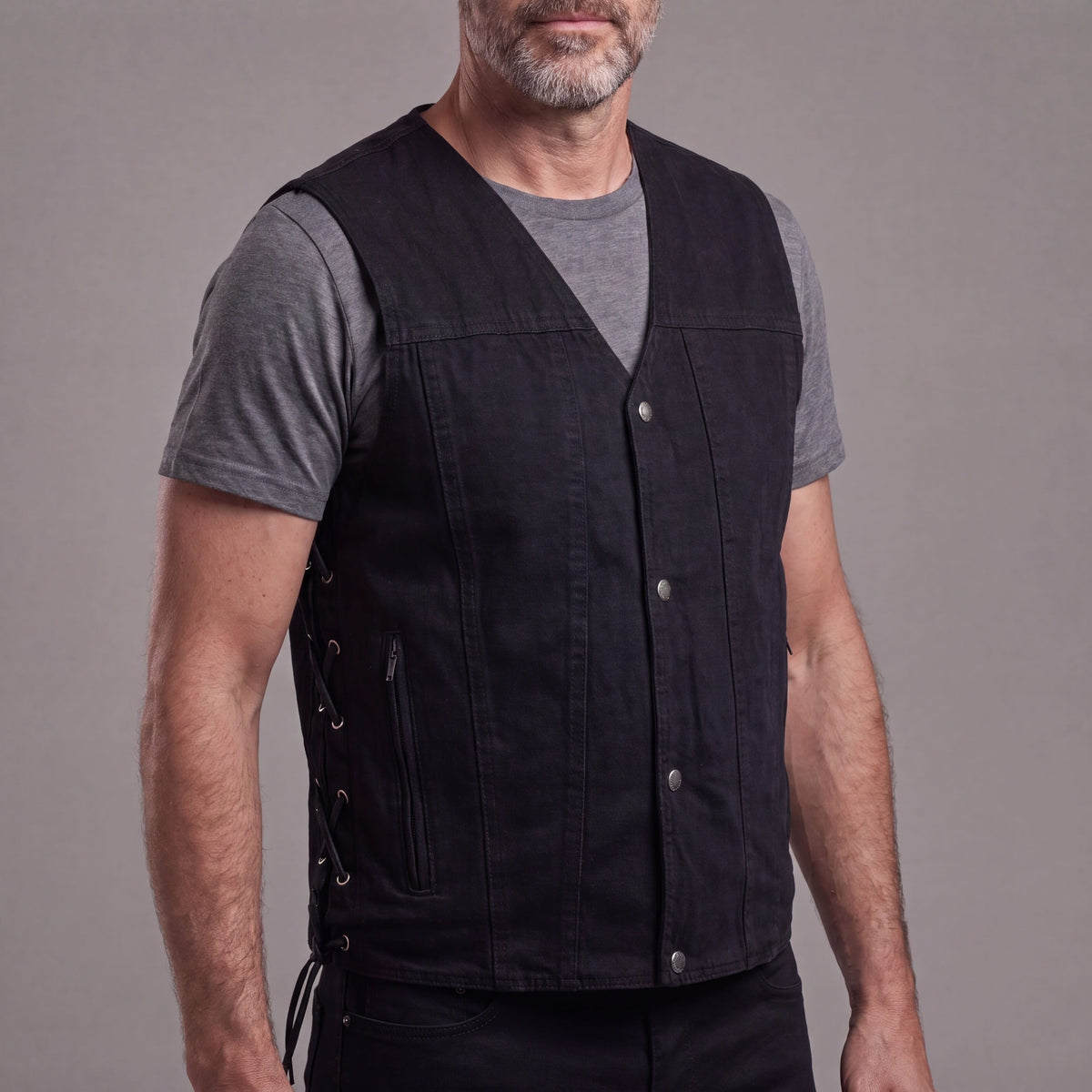 Vance Men's Black V-Neck Denim Vest for Motorcycle Riders - side pose