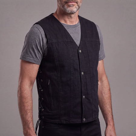 Vance Men's Black V-Neck Denim Vest for Motorcycle Riders - side pose