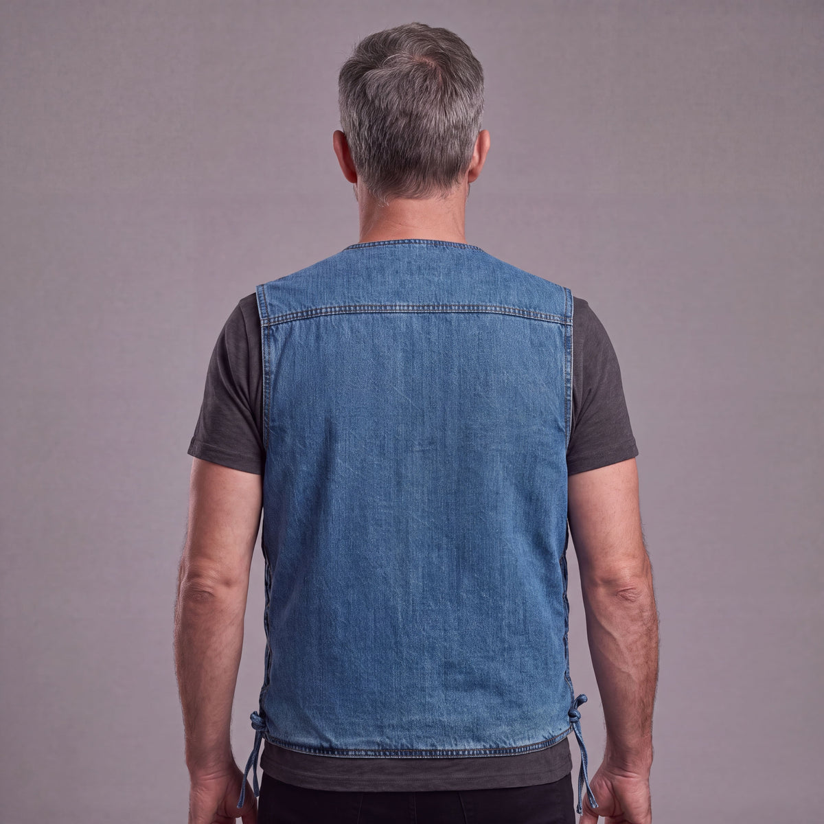 VB939BL - Vance Mens Blue V-Neck Denim Vest for Motorcycle Riders - back pose