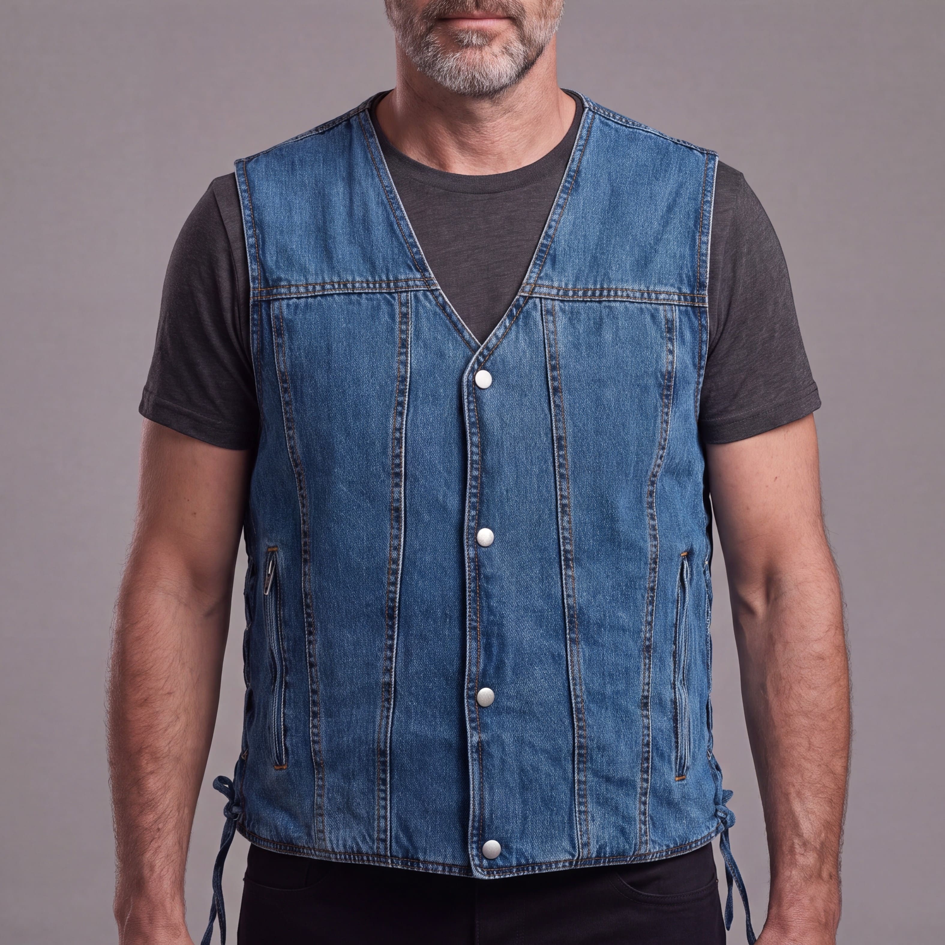 VB939BL - Vance Mens Blue V-Neck Denim Vest for Motorcycle Riders - front pose