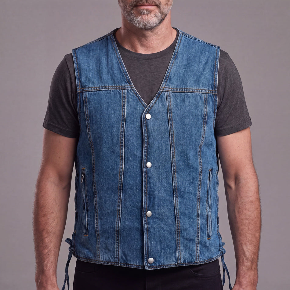 VB939BL - Vance Mens Blue V-Neck Denim Vest for Motorcycle Riders - front pose