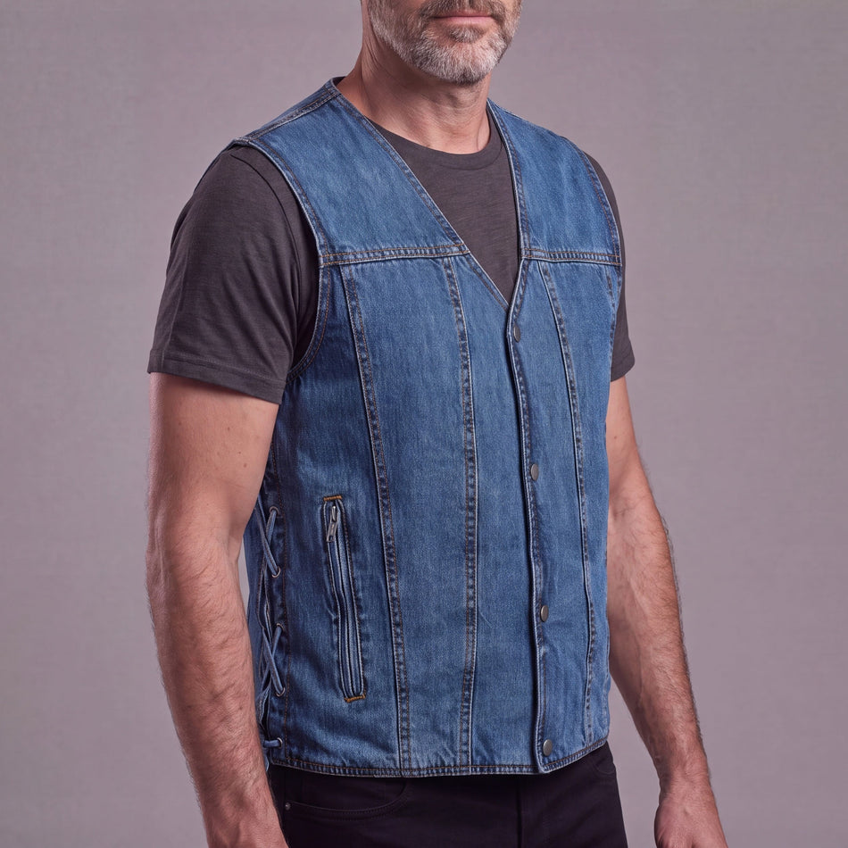 VB939BL - Vance Mens Blue V-Neck Denim Vest for Motorcycle Riders - side pose