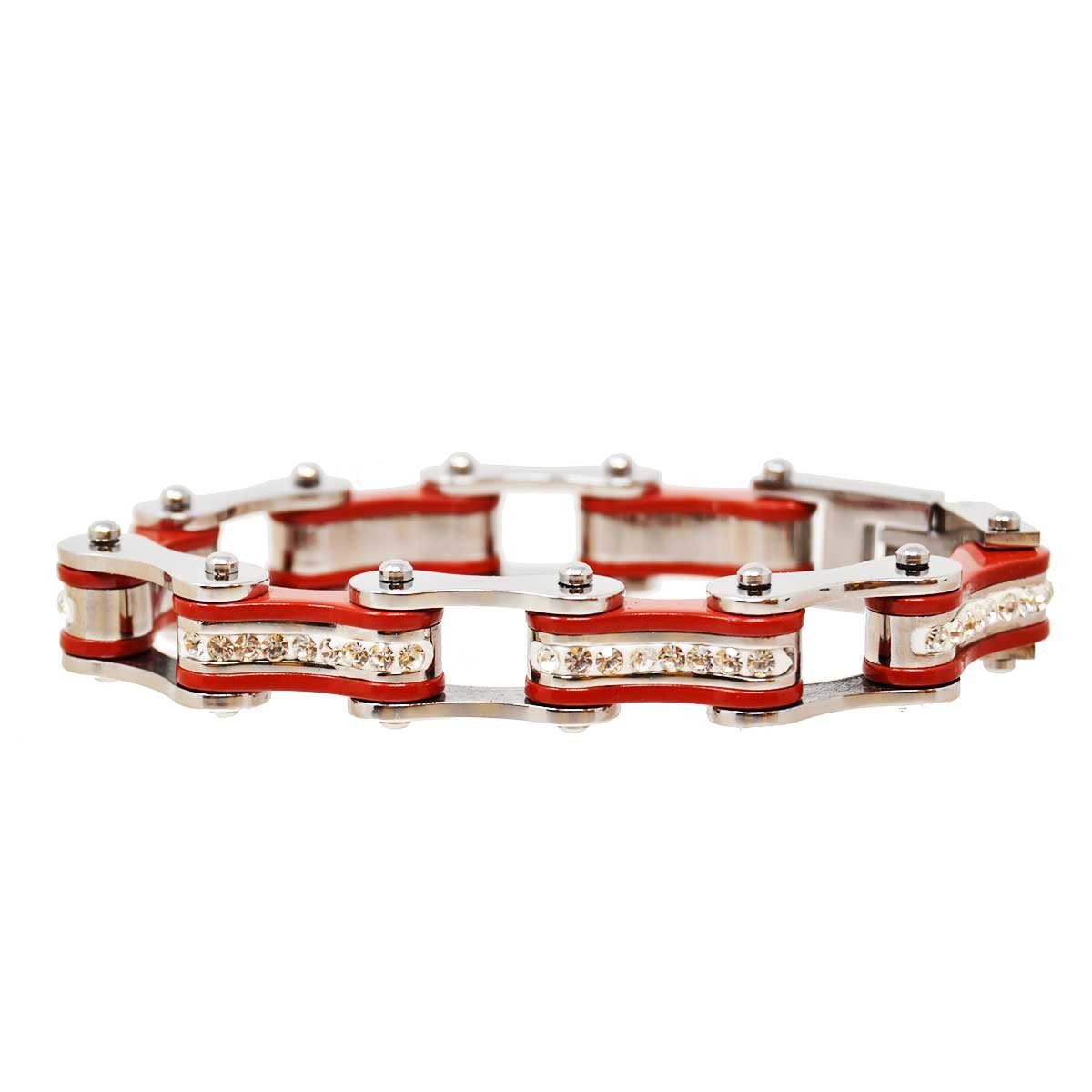 Vance Leather's Bracelets Two Tone Silver and Red Ladies Bike Chain Bracelet with White Crystal Centers