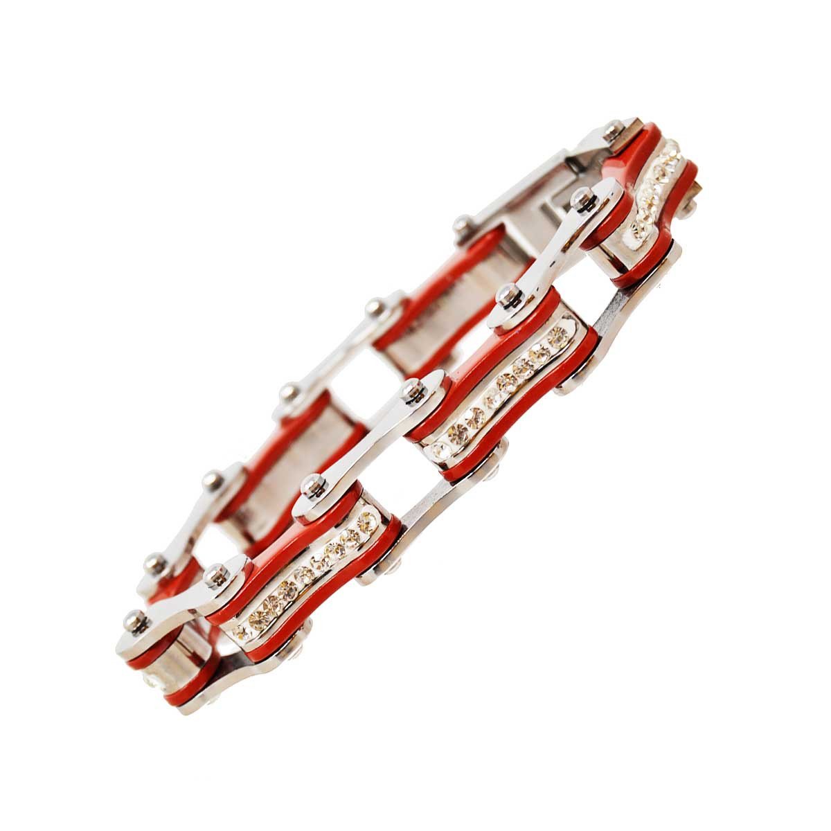 Vance Leather's Bracelets Two Tone Silver and Red Ladies Bike Chain Bracelet with White Crystal Centers
