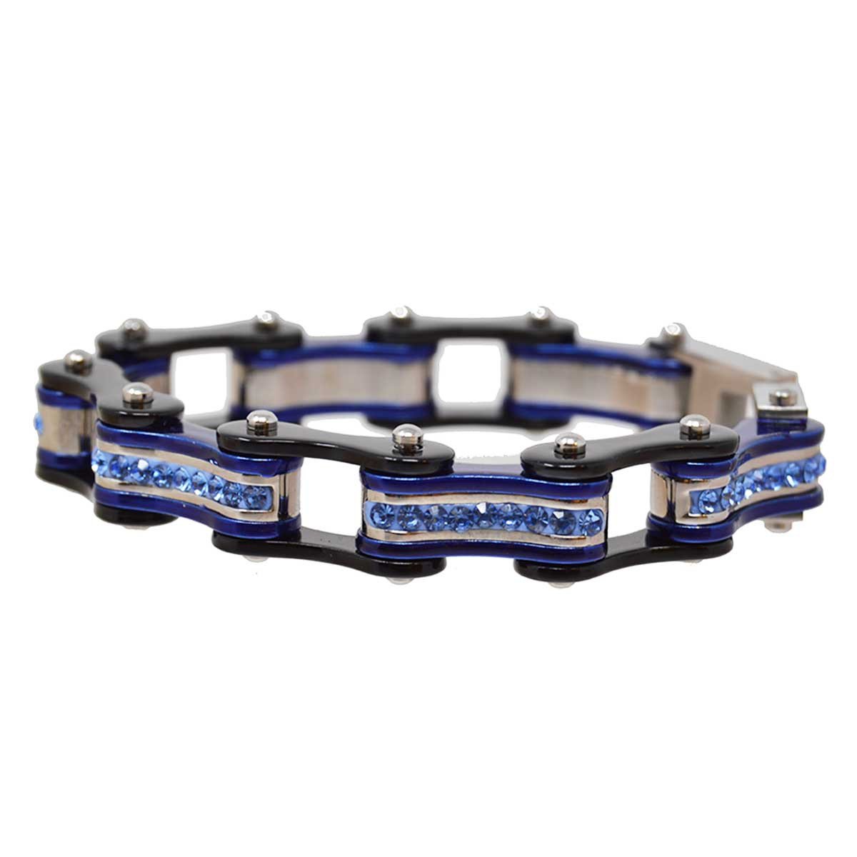 Two Tone Black and Candy Blue Ladies Bike Chain Bracelet with Blue Crystal Centers