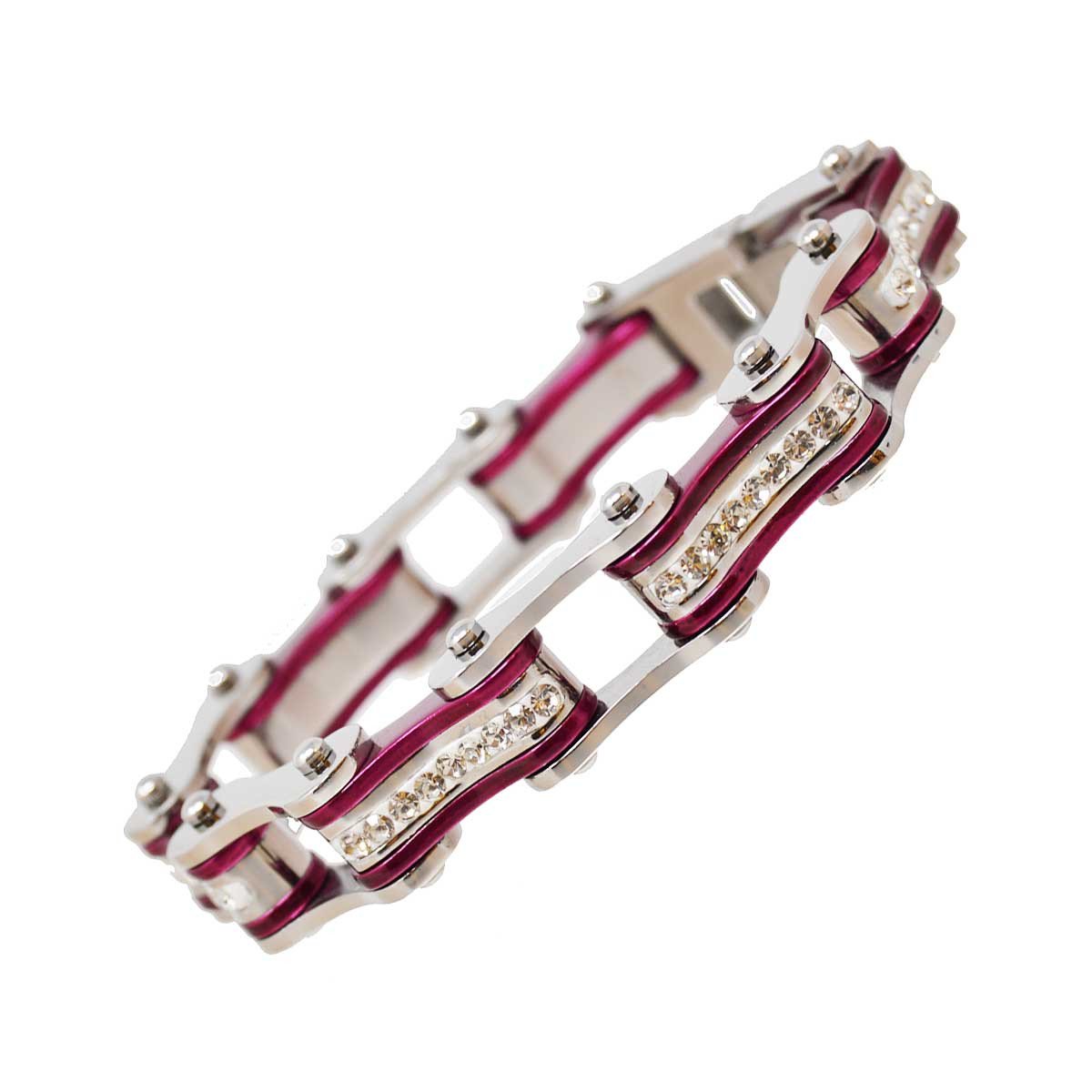 Vance Leather's Bracelets Two Tone Silver and Candy Purple Bike Chain Bracelet w/White Crystal
