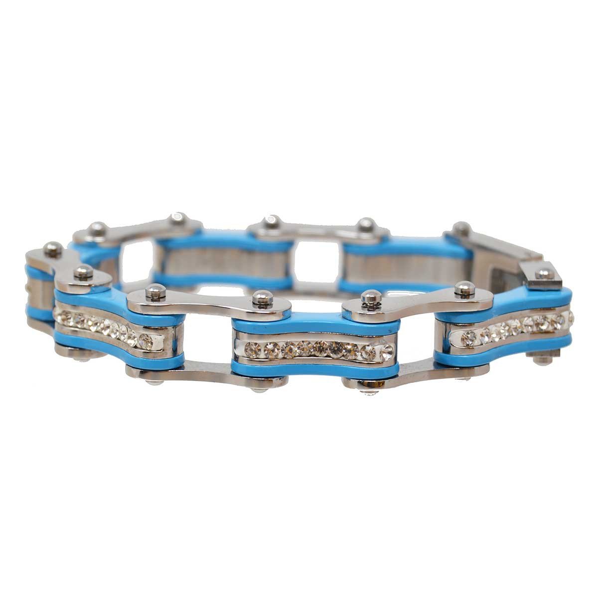 Vance Leather's Ladies Bracelets Two Tone Silver and Turquoise Ladies Bike Chain Bracelet with White Crystal Centers