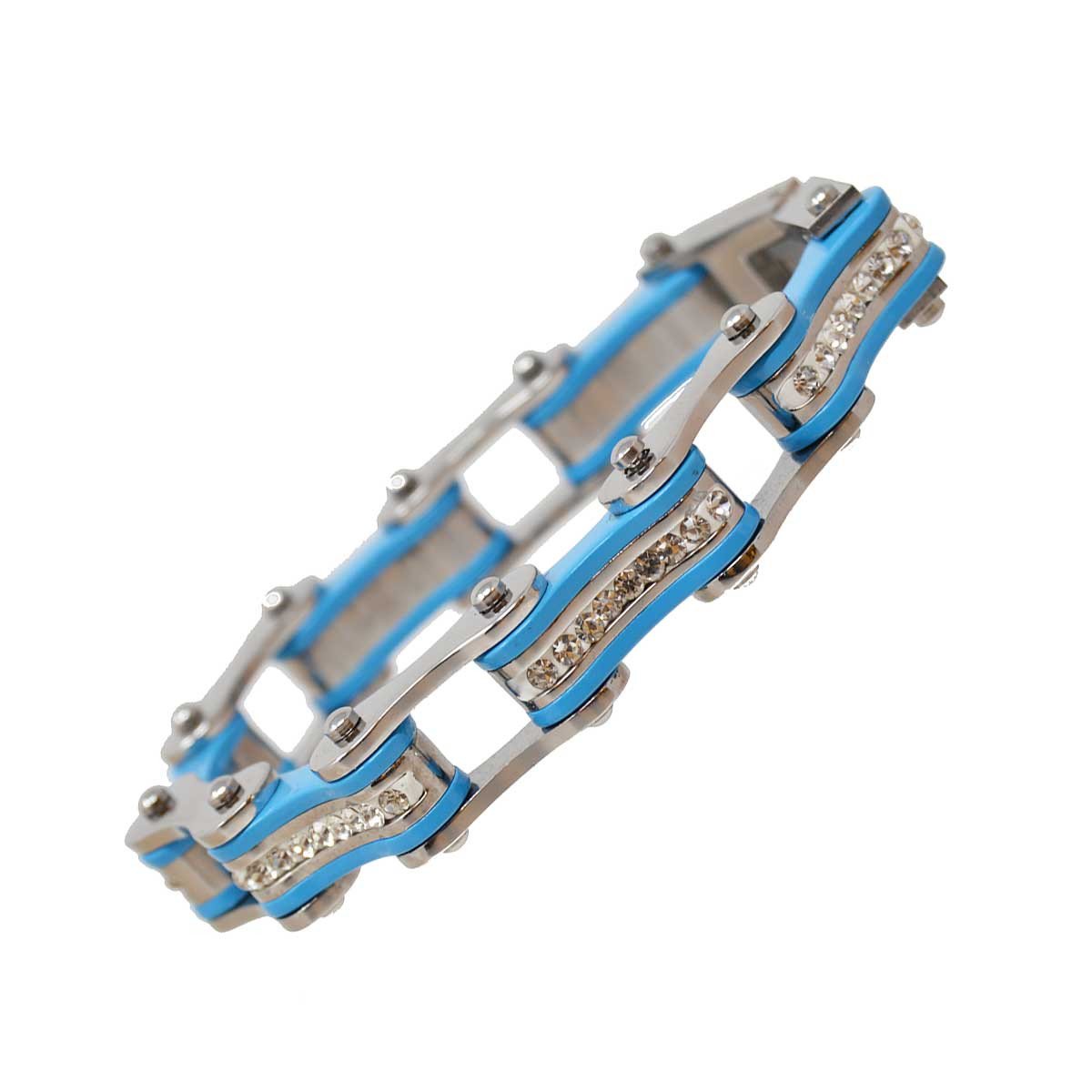 Vance Leather's Ladies Bracelets Two Tone Silver and Turquoise Ladies Bike Chain Bracelet with White Crystal Centers