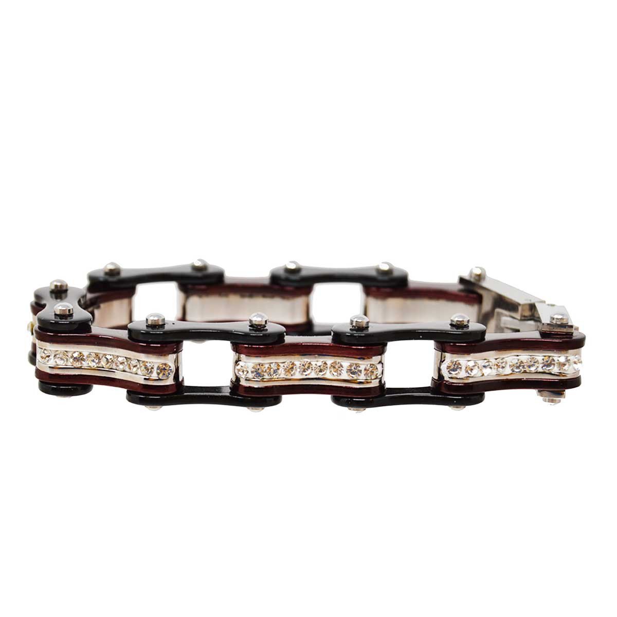 Two Tone Black and Candy Red Ladies Bike Chain Bracelet with White Crystal Centers