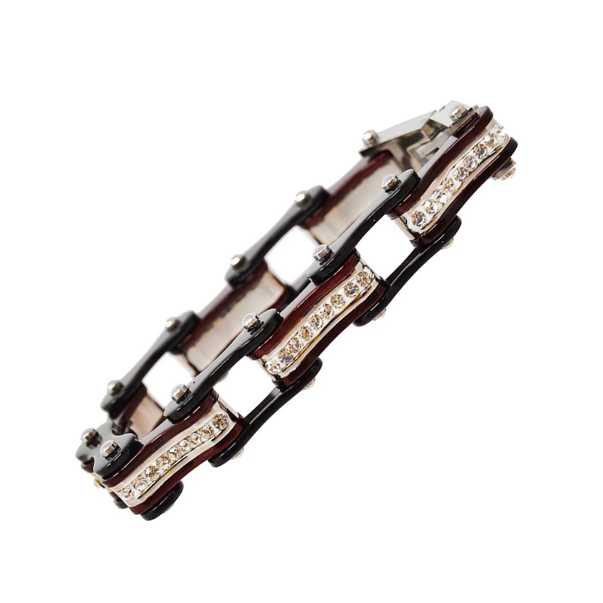 Two Tone Black and Candy Red Ladies Bike Chain Bracelet with White Crystal Centers