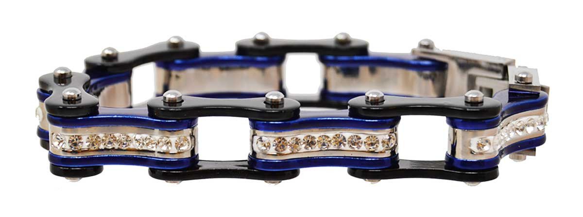 Vance Leather's bracelets Two Tone Black and Candy Blue Bike Chain Bracelet with White Crystal Centers