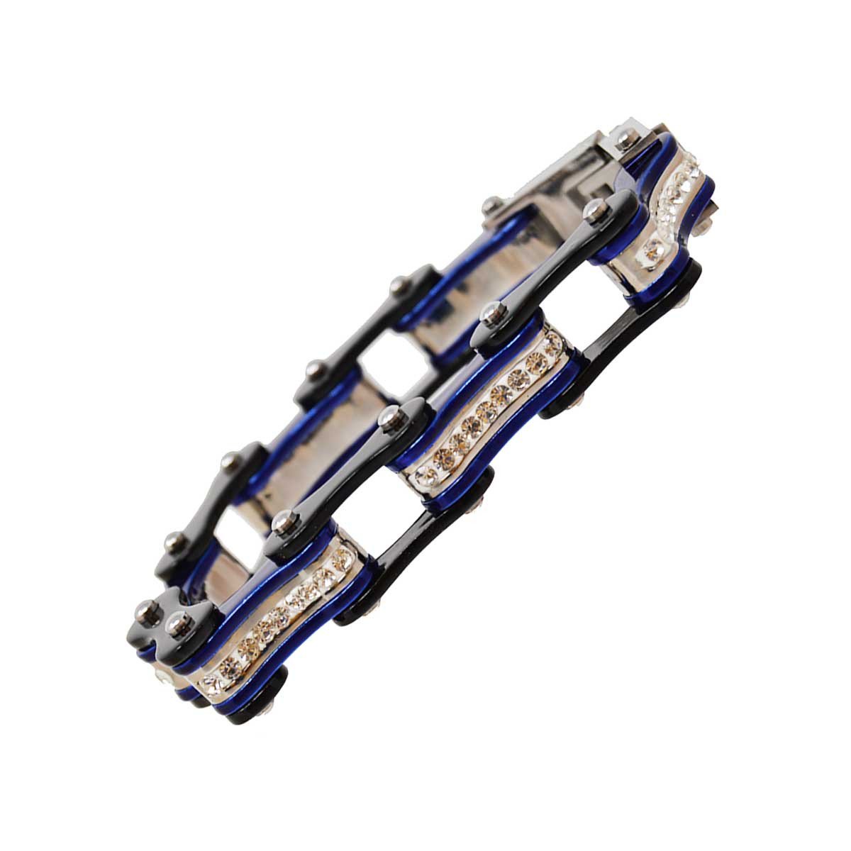 Vance Leather's bracelets Two Tone Black and Candy Blue Bike Chain Bracelet with White Crystal Centers