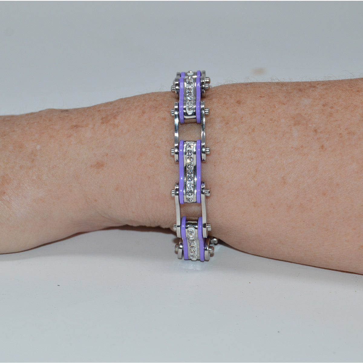 Two Tone Silver and Purple Bike Chain Bracelet with White Crystal Centers