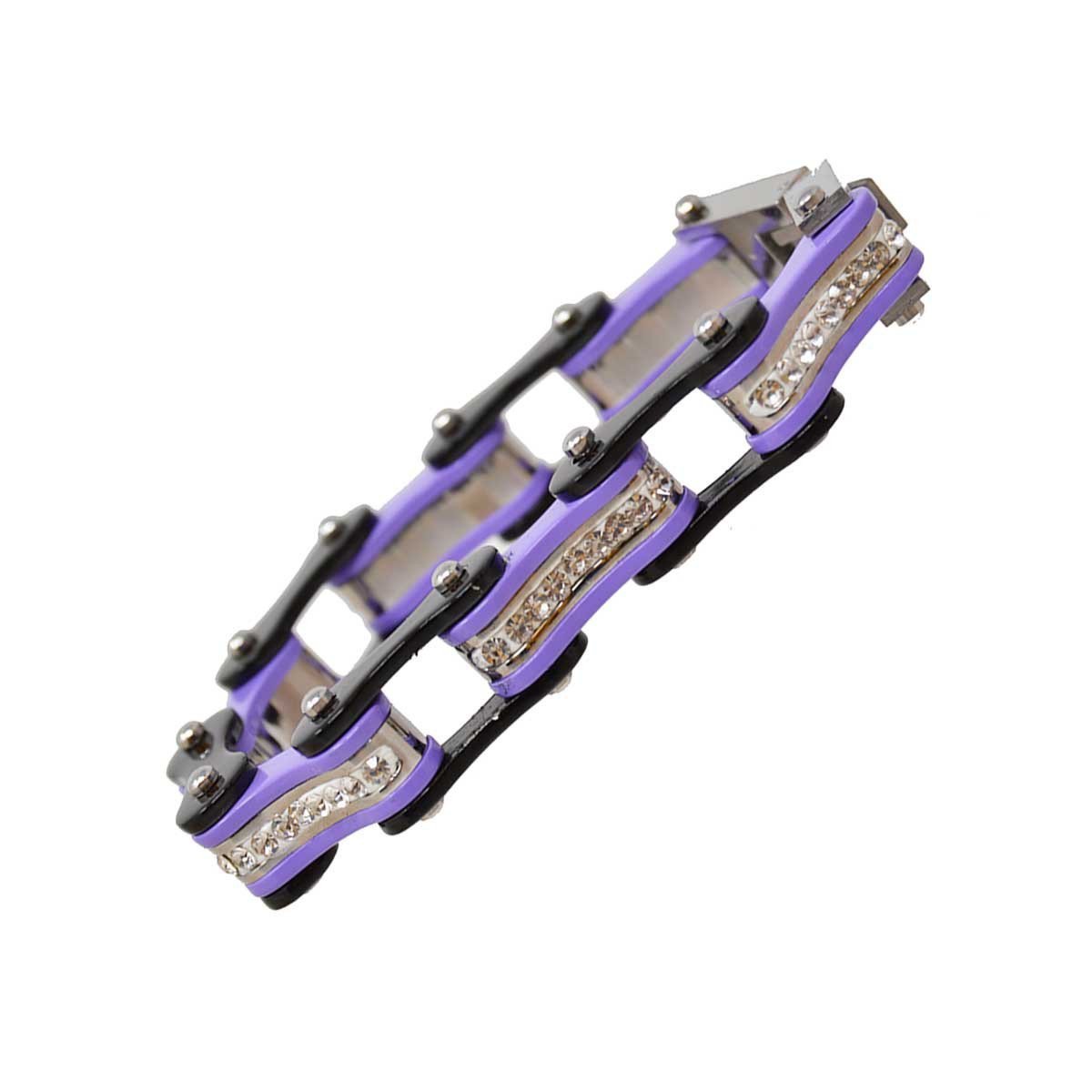 Two Tone Black and Purple Ladies Bike Chain Bracelet with White Crystal Centers