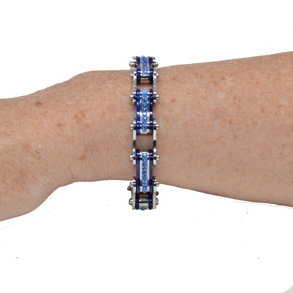 Vance Leather's Bracelets Two Tone Silver and Candy Blue Bike Chain Bracelet with Blue Crystal Centers