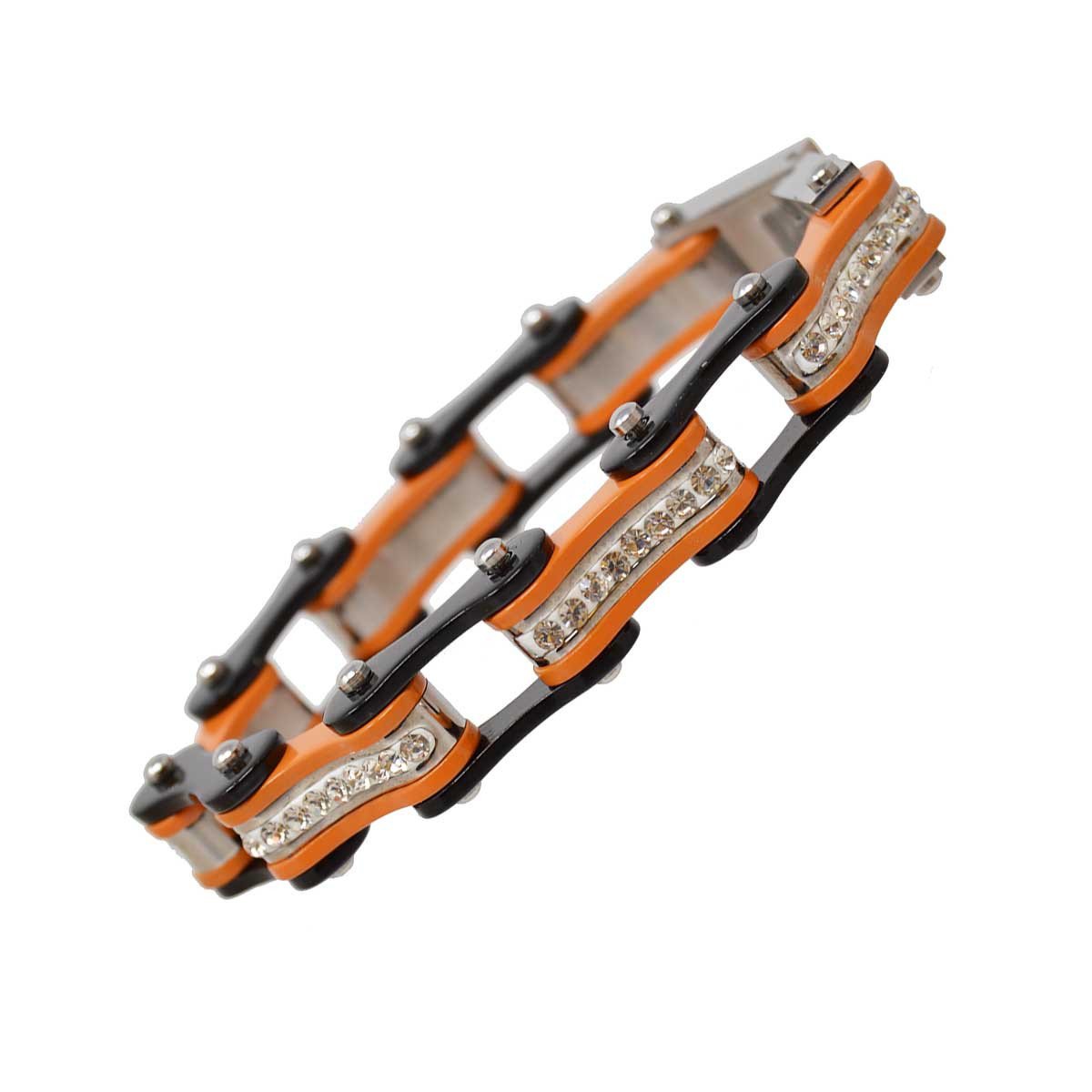 Vance Leather's Bracelets Two Tone Black and Orange Ladies Bike Chain Bracelet with White Crystal Centers