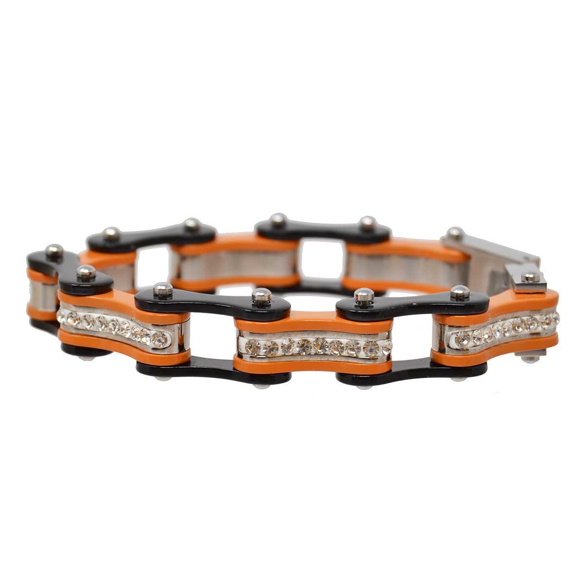 Vance Leather's Bracelets Two Tone Black and Orange Ladies Bike Chain Bracelet with White Crystal Centers