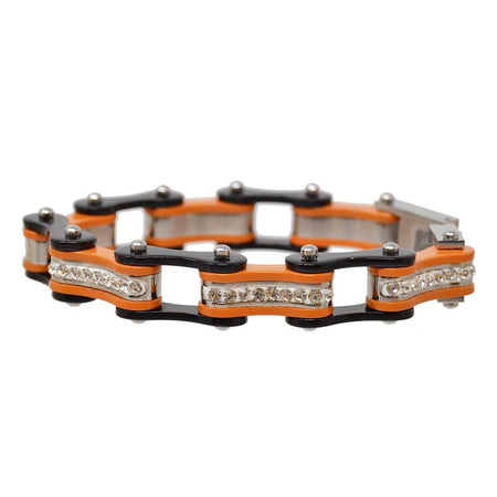Vance Leather's Bracelets Two Tone Black and Orange Ladies Bike Chain Bracelet with White Crystal Centers