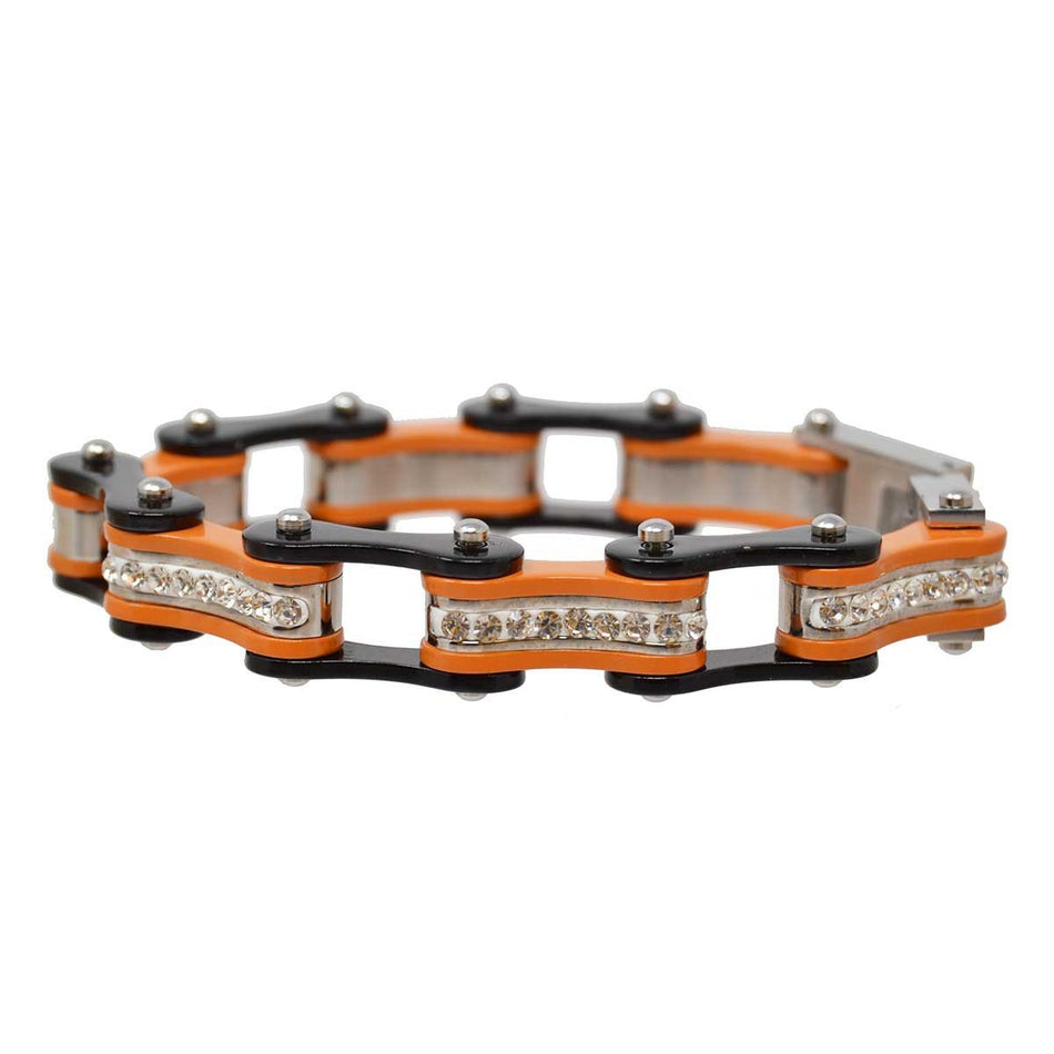 Vance Leather's Bracelets Two Tone Black and Orange Ladies Bike Chain Bracelet with White Crystal Centers