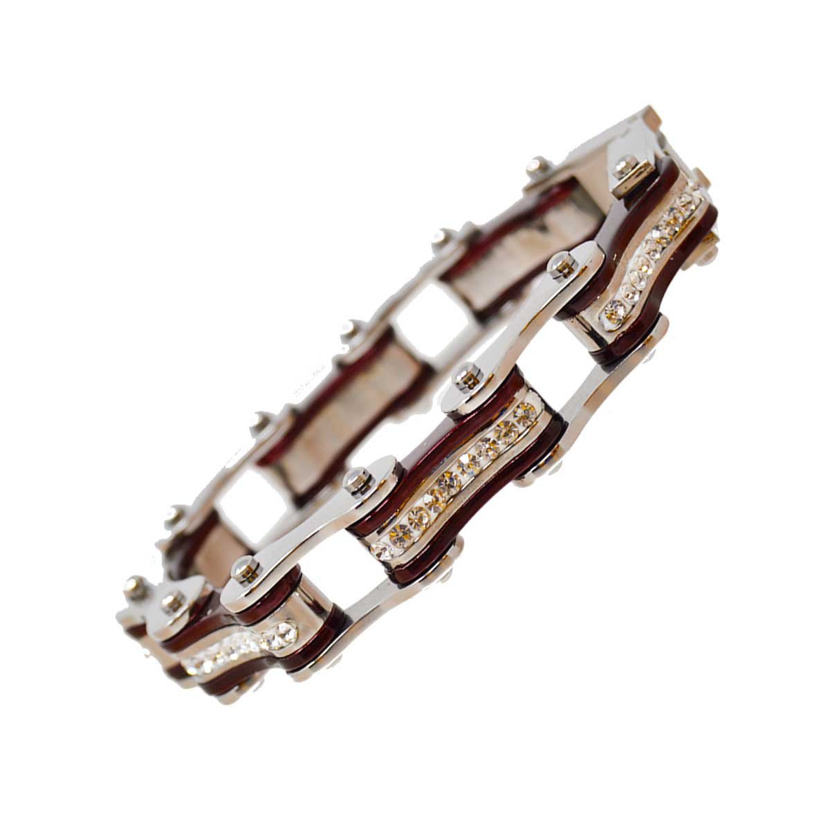 Vance Leather's Bracelets Two Tone Silver and Candy Red Ladies Bike Chain Bracelet with White Crystal Centers
