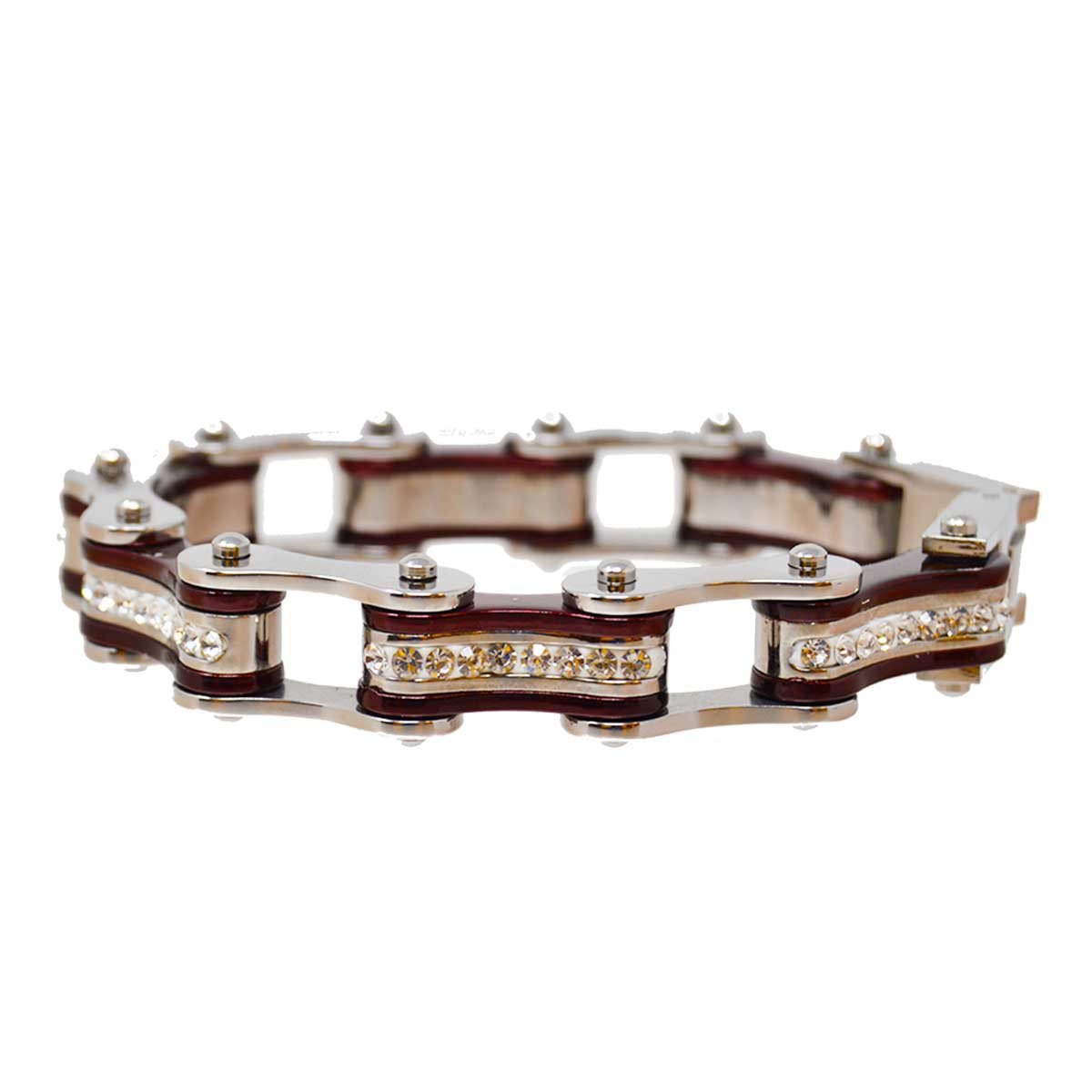 Vance Leather's Bracelets Two Tone Silver and Candy Red Ladies Bike Chain Bracelet with White Crystal Centers