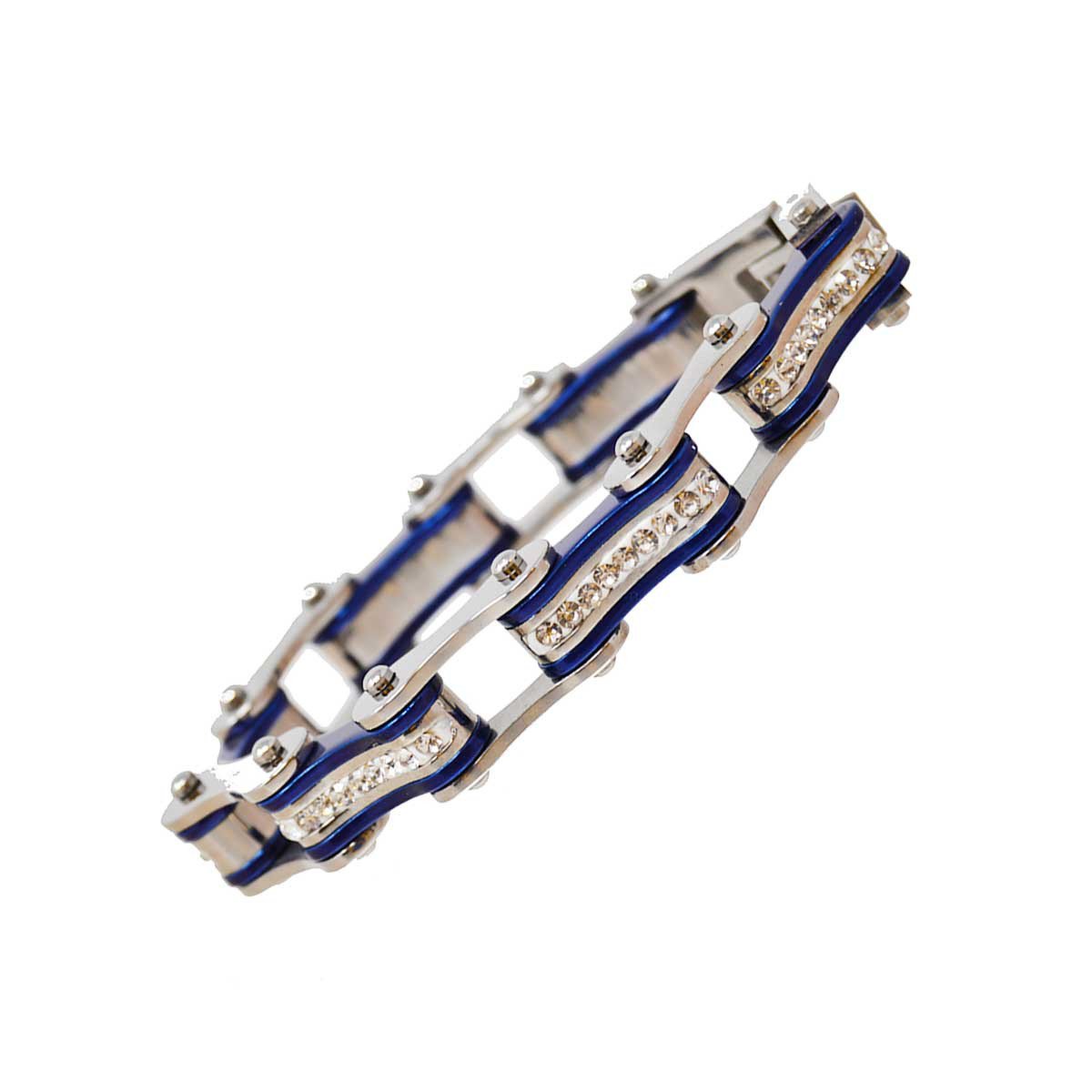 Two Tone Silver and Candy Blue Ladies Bike Chain Bracelet with White Crystal Centers