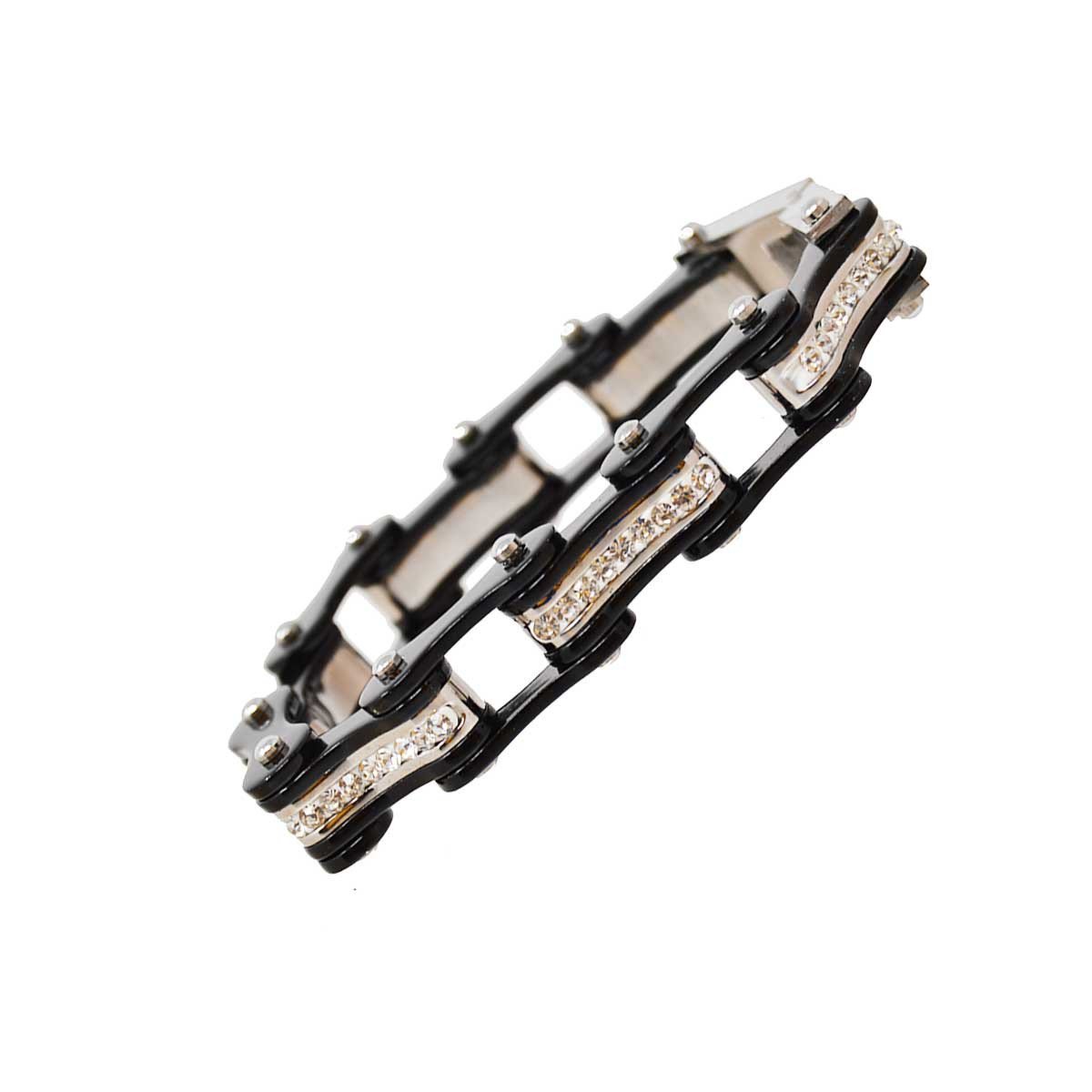  Two Tone Black and Black Ladies Bike Chain Bracelet with White Crystal Centers