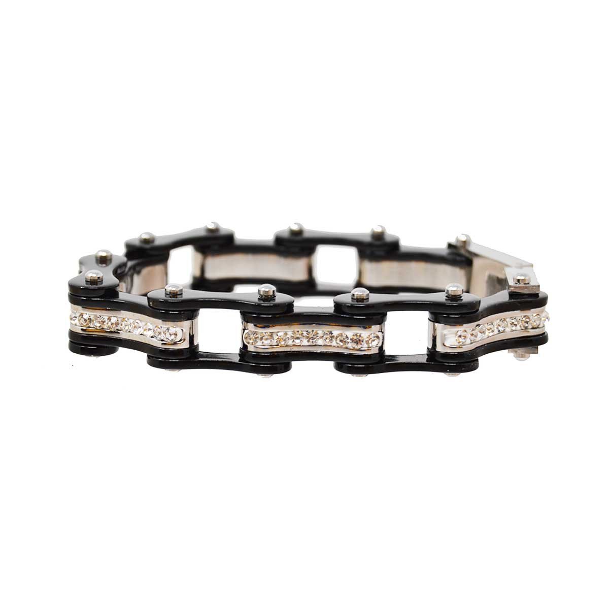  Two Tone Black and Black Ladies Bike Chain Bracelet with White Crystal Centers