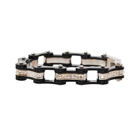  Two Tone Black and Black Ladies Bike Chain Bracelet with White Crystal Centers