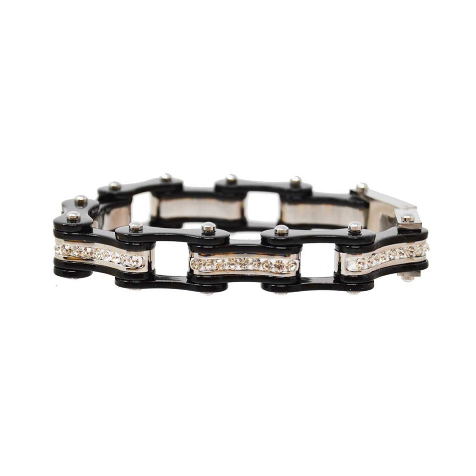  Two Tone Black and Black Ladies Bike Chain Bracelet with White Crystal Centers