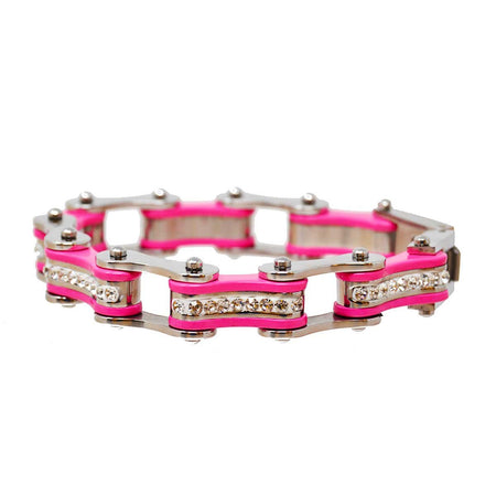  Vance Leather's Bracelets Two Tone Silver and Pink Ladies Bike Chain Bracelet with White Crystal Centers