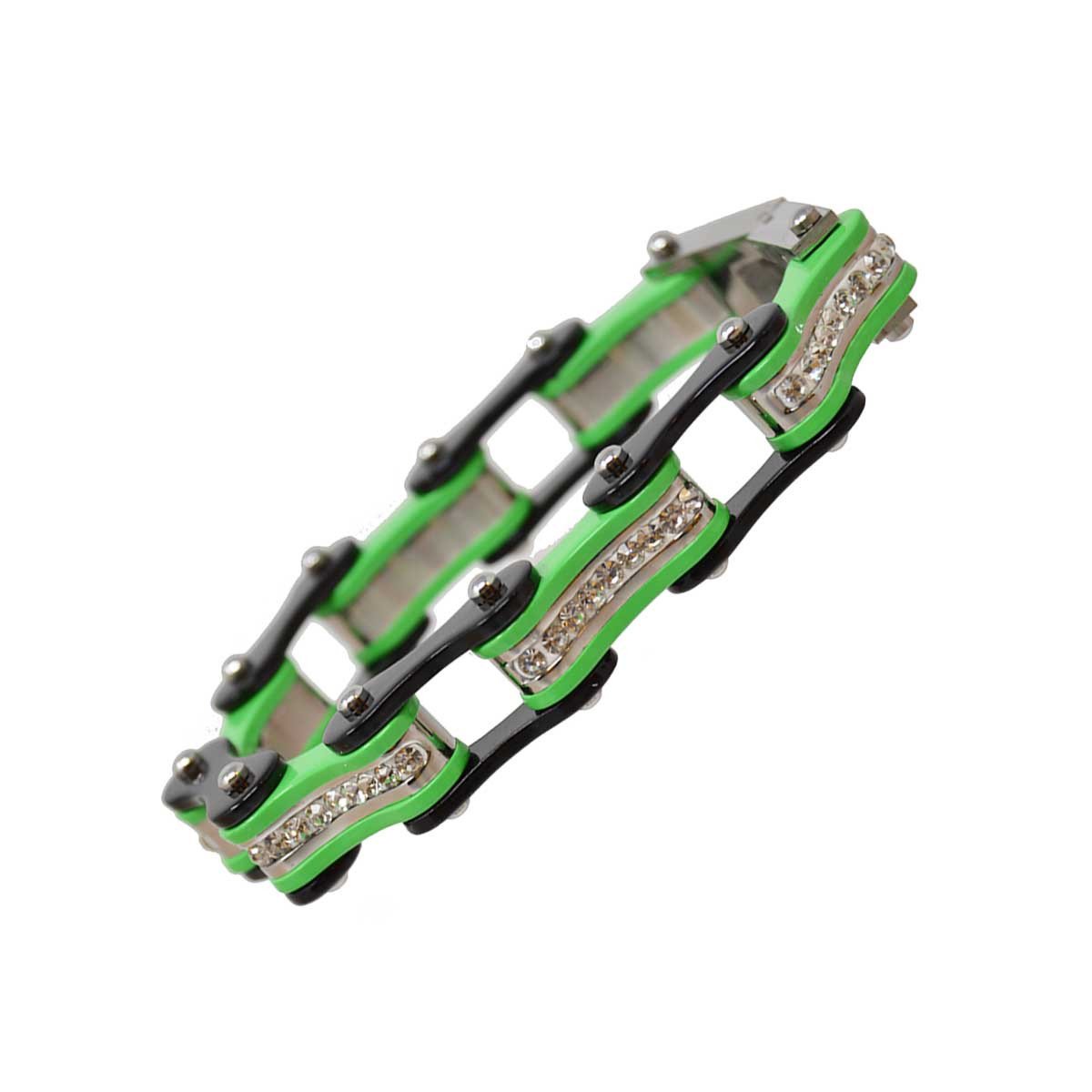 Vance Leather's Bracelets Two Tone Black and Lime Green Ladies Bike Chain Bracelet with White Crystal Centers