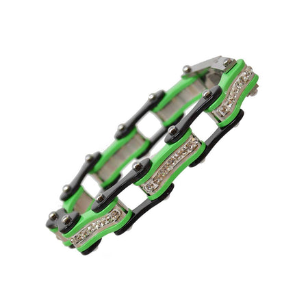 Vance Leather's Bracelets Two Tone Black and Lime Green Ladies Bike Chain Bracelet with White Crystal Centers