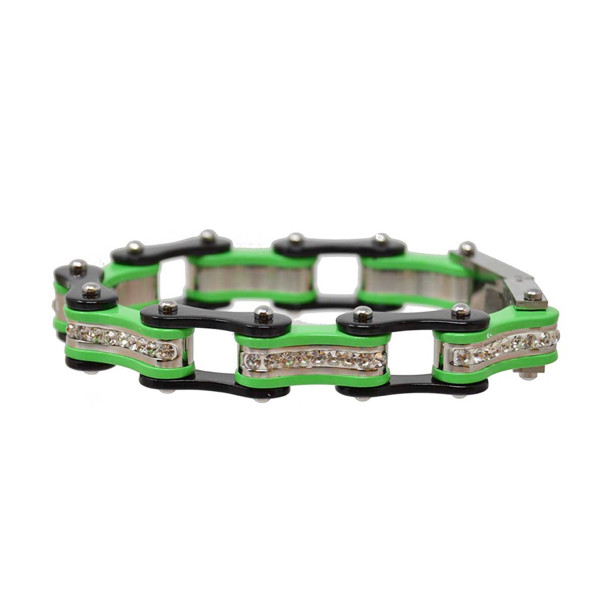 Vance Leather's Bracelets Two Tone Black and Lime Green Ladies Bike Chain Bracelet with White Crystal Centers