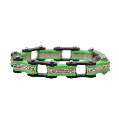 Vance Leather's Bracelets Two Tone Black and Lime Green Ladies Bike Chain Bracelet with White Crystal Centers